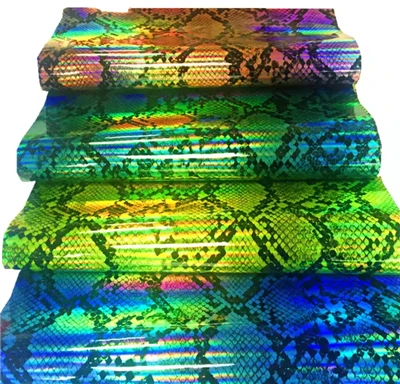 Golografik Iridescent silliq yaltiroq ilon naqshli PU sun'iy teri